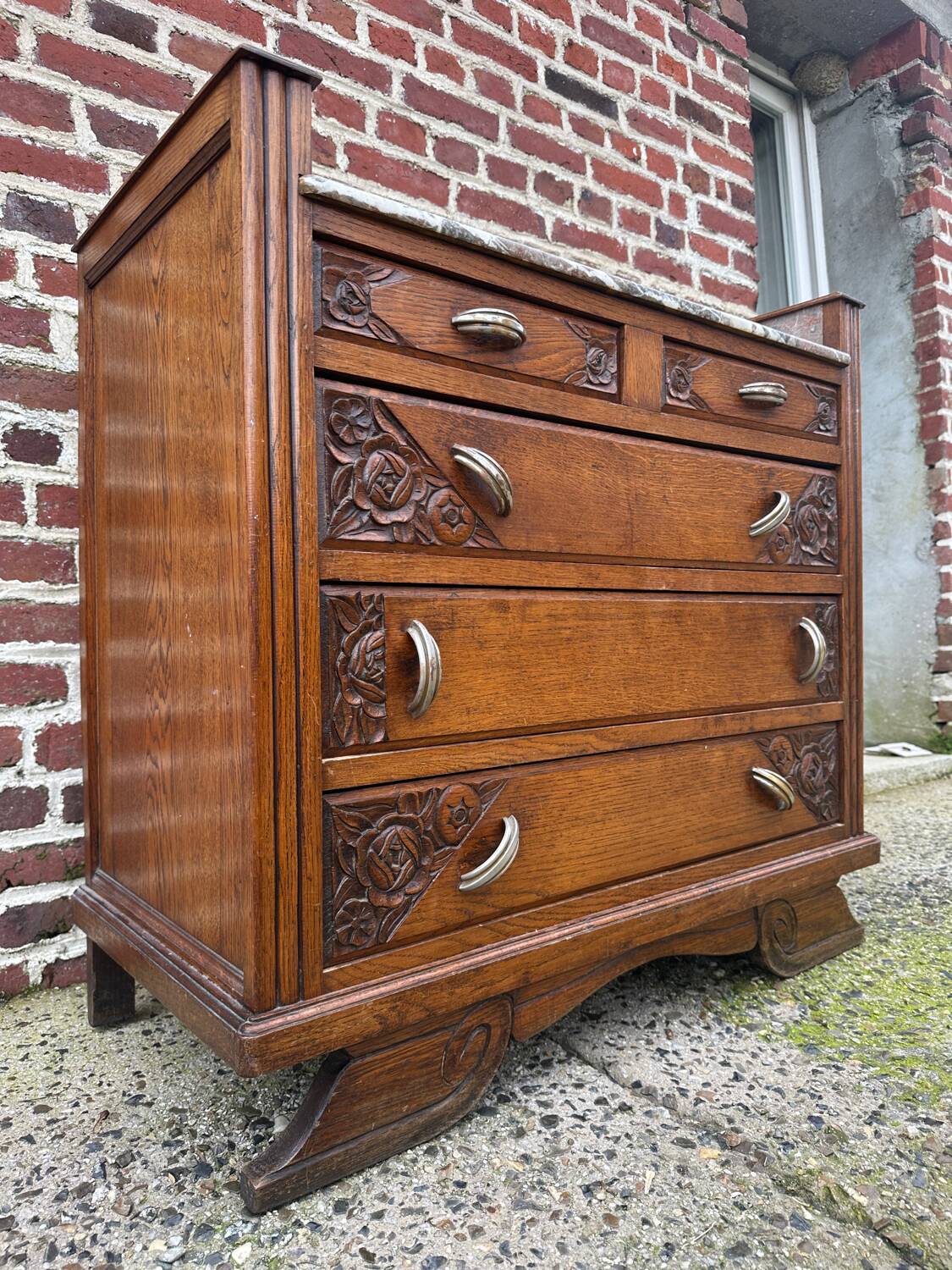 Art Deco chest of drawers, marble top, solid oak, dressing table