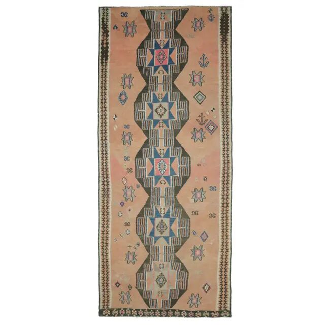 Vintage Turkish Oushak Handmade Cotton Orange Wool Kilim Runner Rug 170x404