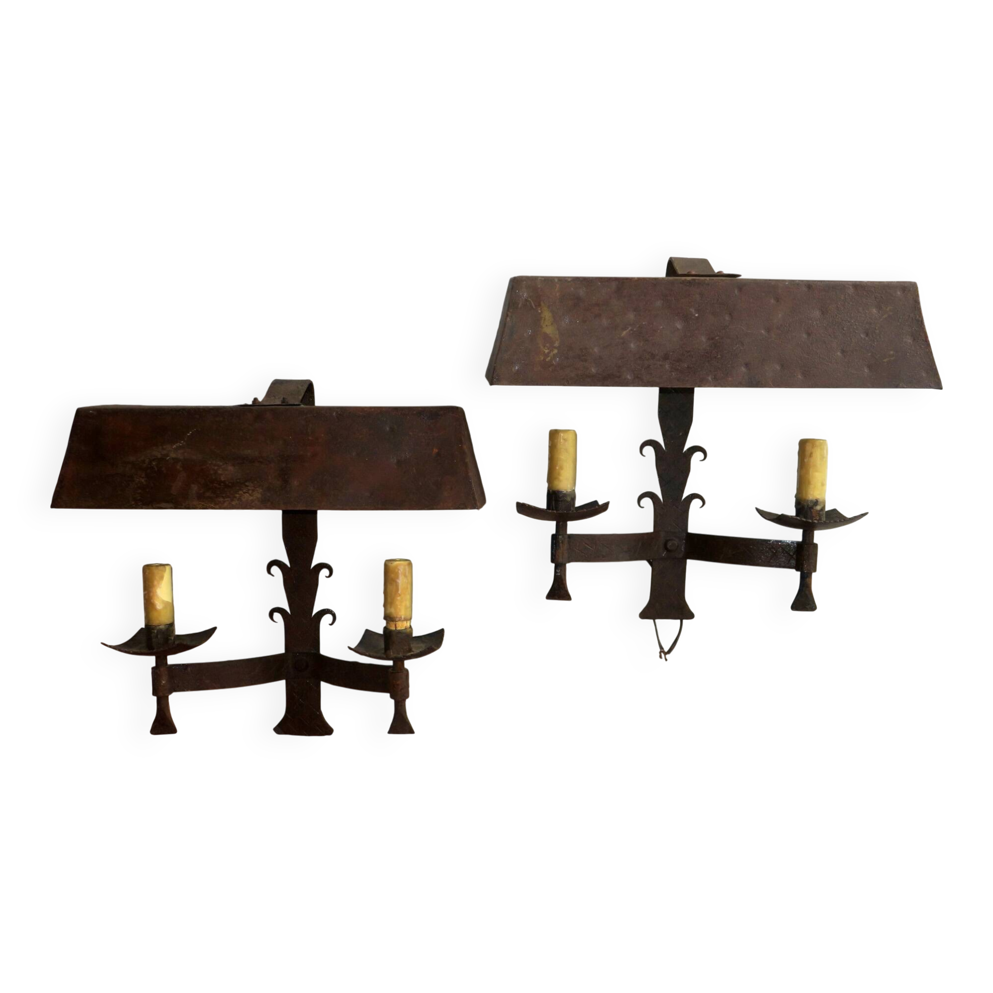 Pair of mid century Brutalist patinated iron wall lights, 1950s-60s