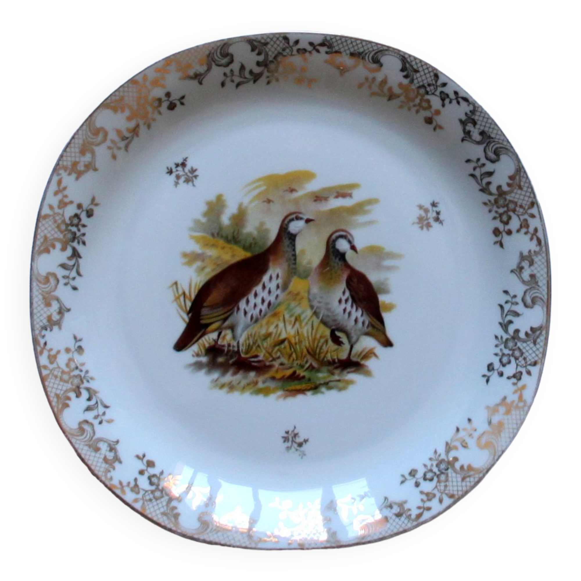 Set of 8 flat plates Limoges porcelain model duck pheasant partridge antique earthenware