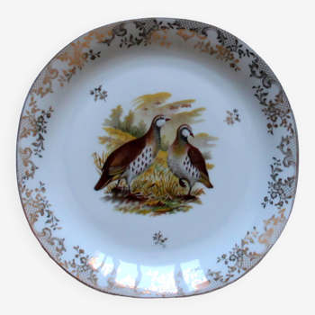 Set of 8 flat plates Limoges porcelain model duck pheasant partridge antique earthenware