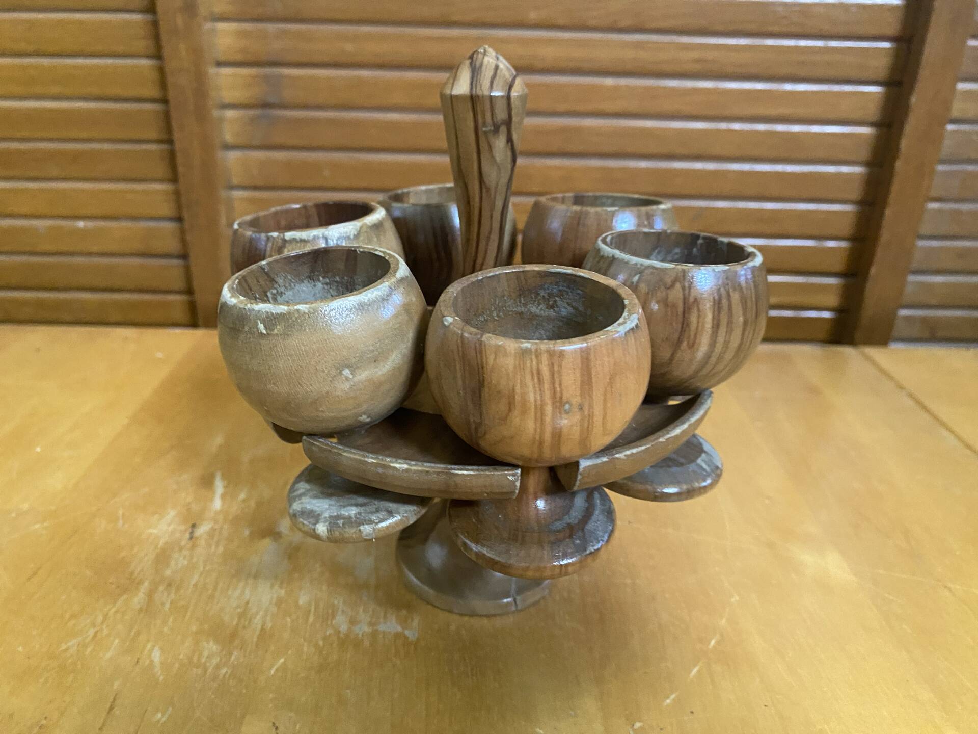 Rotating Display Stand 6 Egg Cups Olive Wood & Teak 1960s Vintage