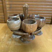 Rotating Display Stand 6 Egg Cups Olive Wood & Teak 1960s Vintage