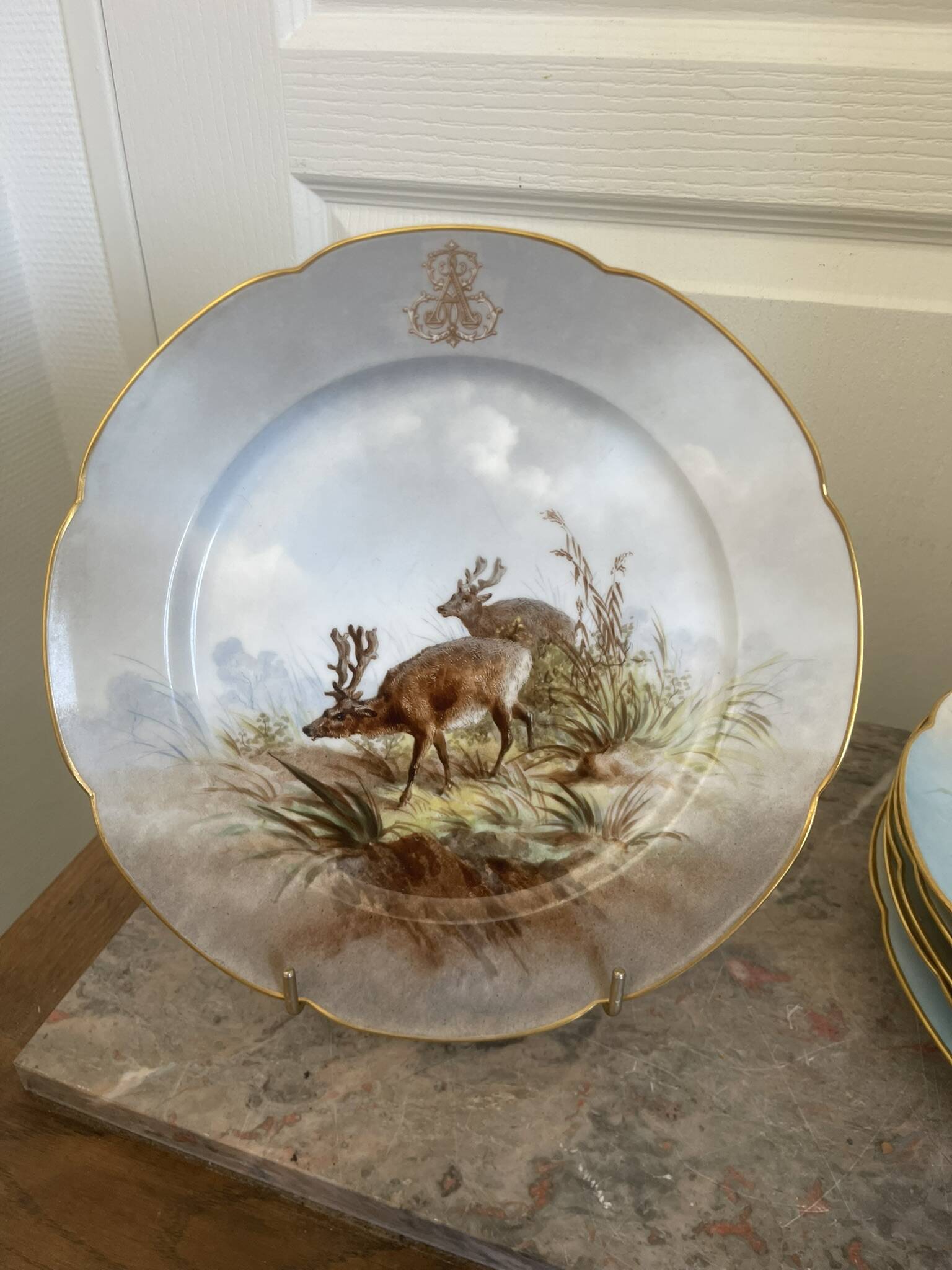 Antique 6x Sèvres Porcelain Plates Lahore & Basket 19th Century Hunting