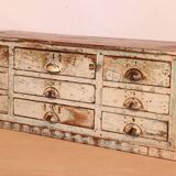 Ancien meuble d'atelier à 9 tiroirs en teck birman patine écrue d'origine