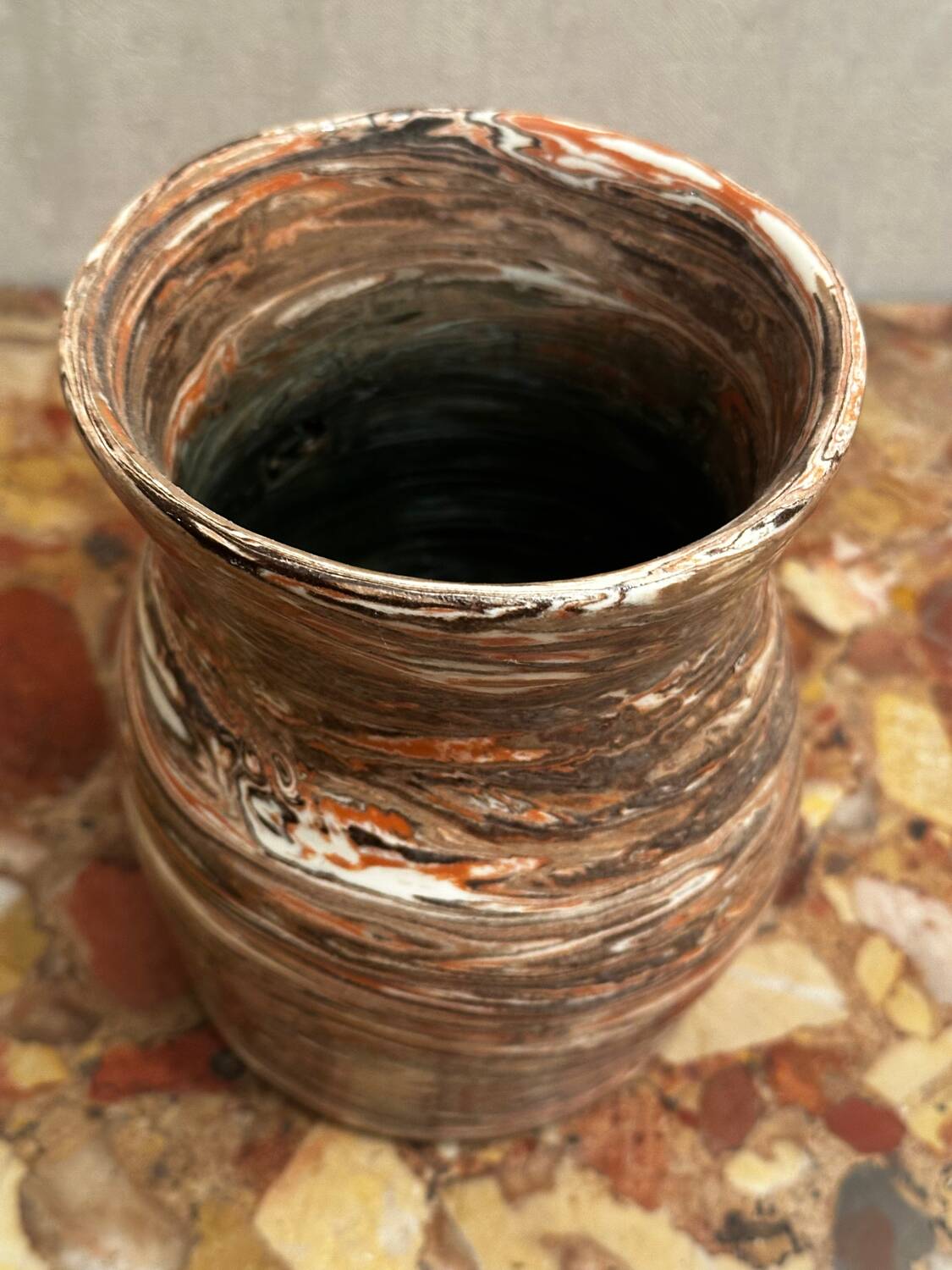 Small Vintage Marbled Terracotta Vase signed Bethany H 15.5 cm