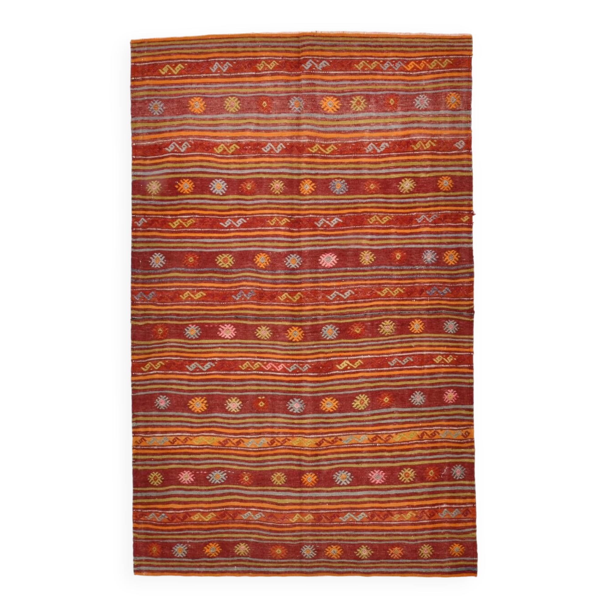 4x7 Red Orange Striped Handmade Wool Kilim Rug