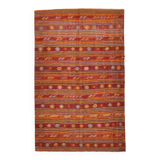 4x7 Red Orange Striped Handmade Wool Kilim Rug