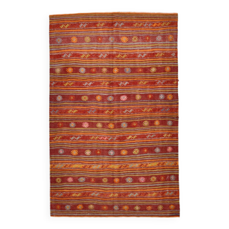 4x7 Red Orange Striped Handmade Wool Kilim Rug