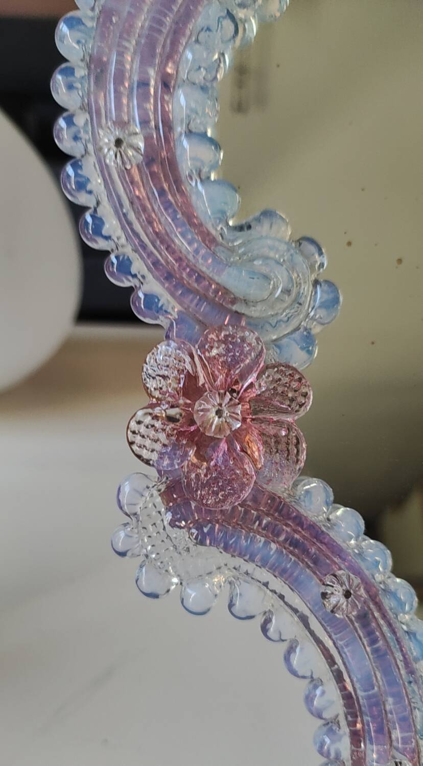 Iridescent blown glass mirror table/dressing table Murano. Floral patterns.