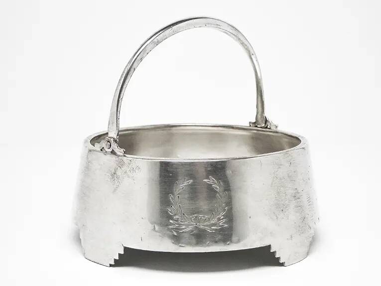 Neoclassical basket sugar bowl, silver-plated brass, Fraget, Poland, early 20th century