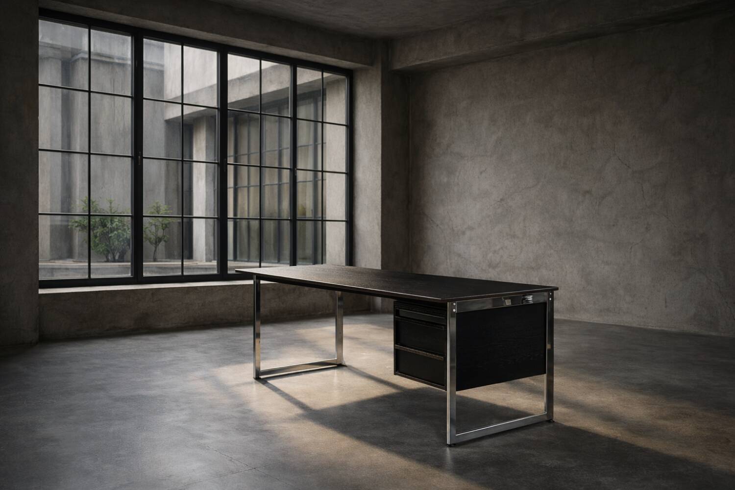 Vintage Mid-Century Danish Modern Minimalist Black Oak Desk with Chrome Base