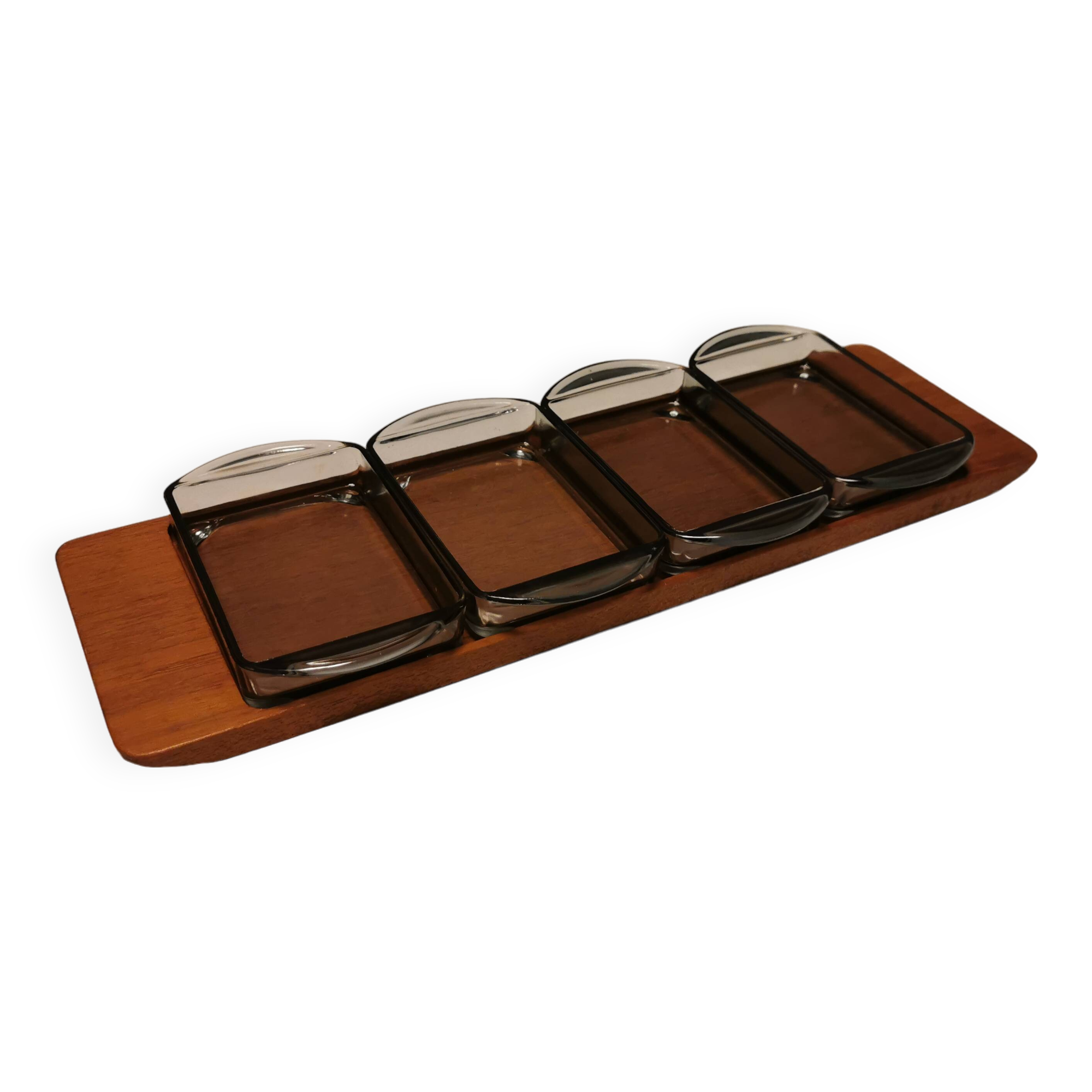 Teak Cabaret tray with four smoke coloured glass bowls, Danish and produced by Wiggers 1970s.