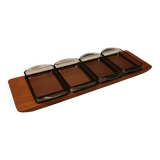 Teak Cabaret tray with four smoke coloured glass bowls, Danish and produced by Wiggers 1970s.