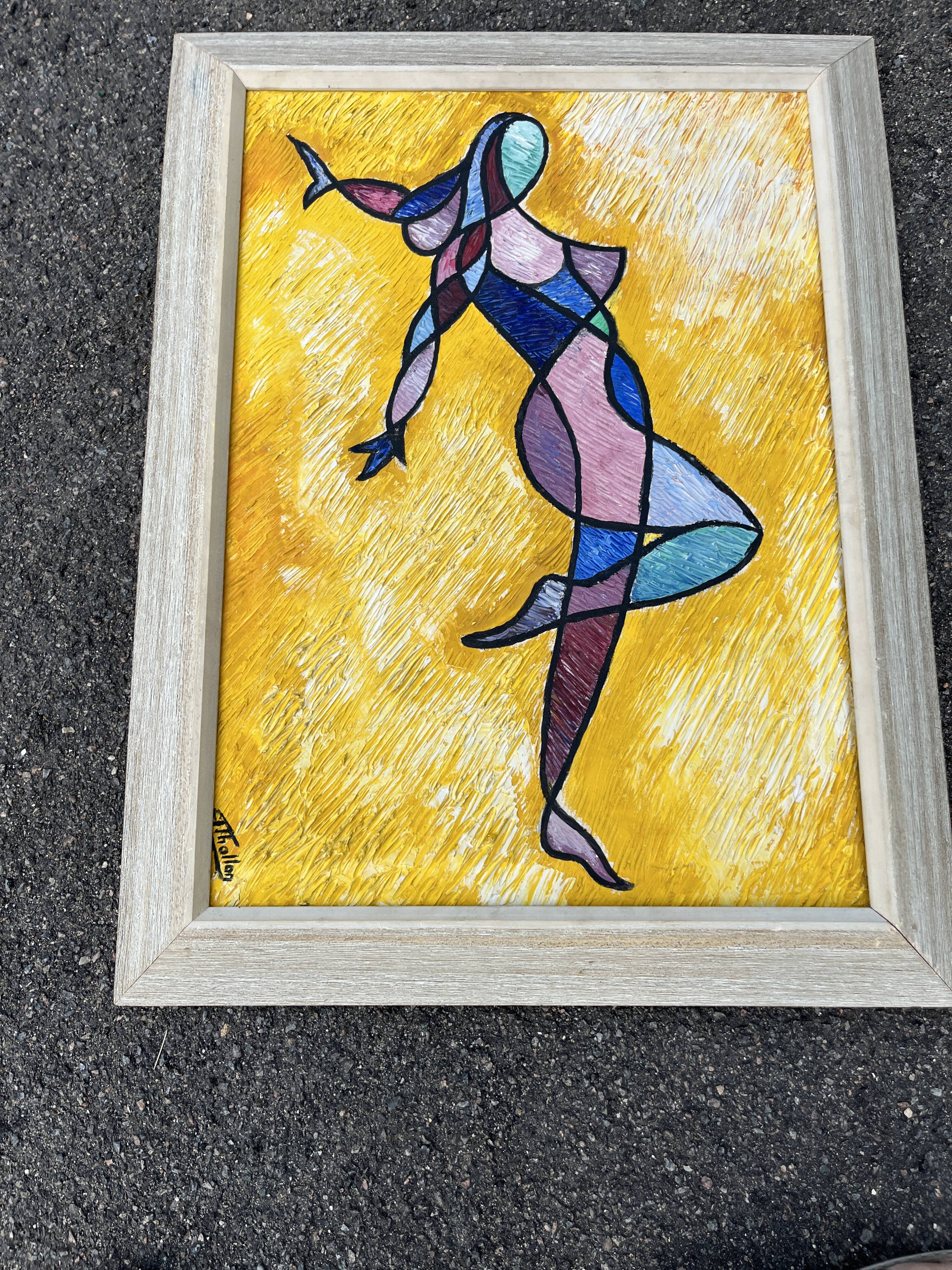 Tableau Vintage Modernist Cubist 84x65 cm – Signed Thallon