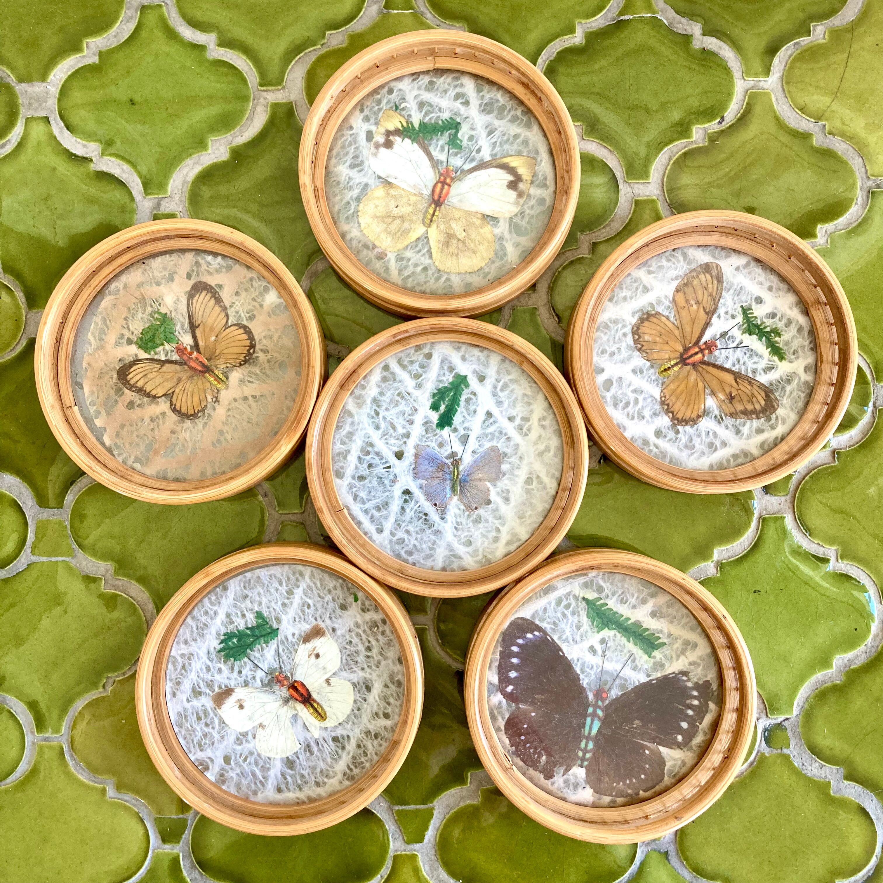 Bamboo butterfly tray and 6 vintage coasters