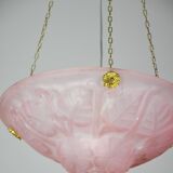 Pink Art Deco top quality pendant light with floral decorations, signed Degué