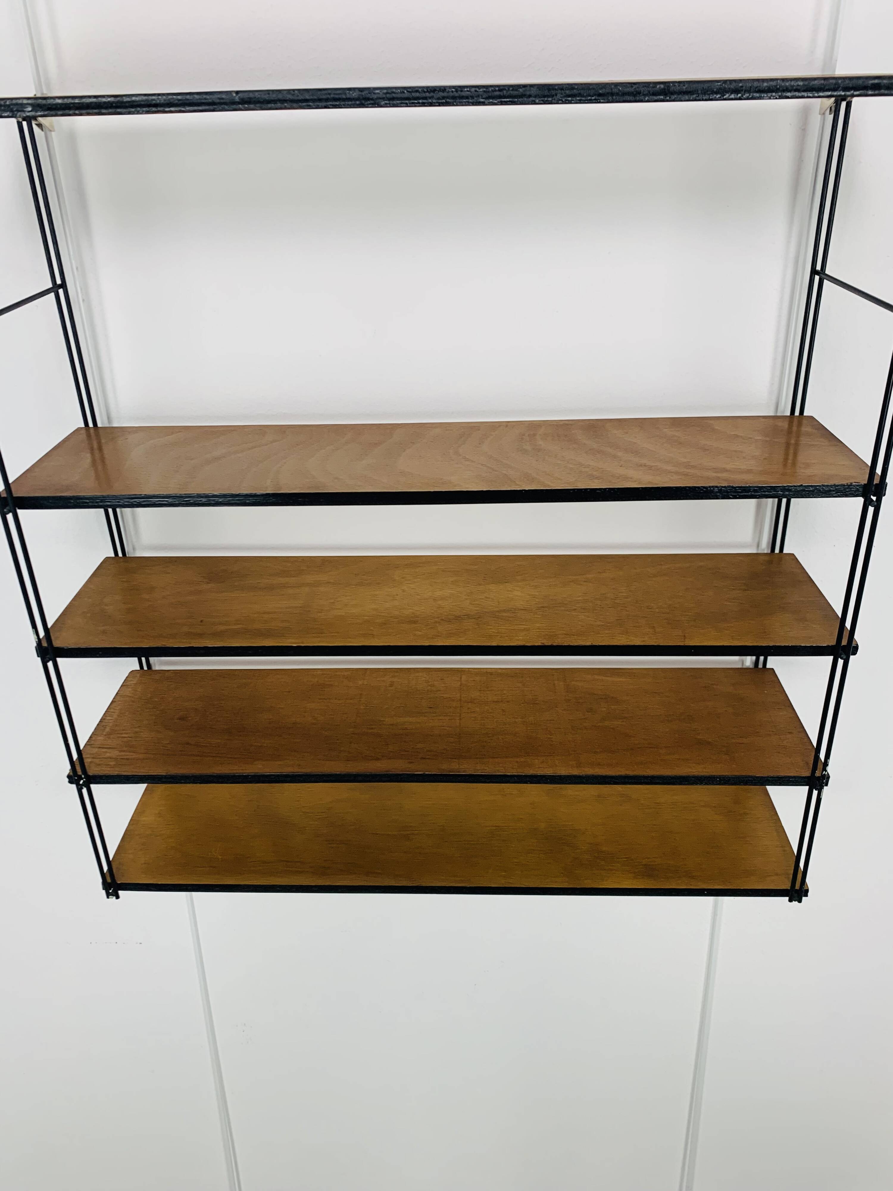 60s wall-mounted string shelf, wood and metal