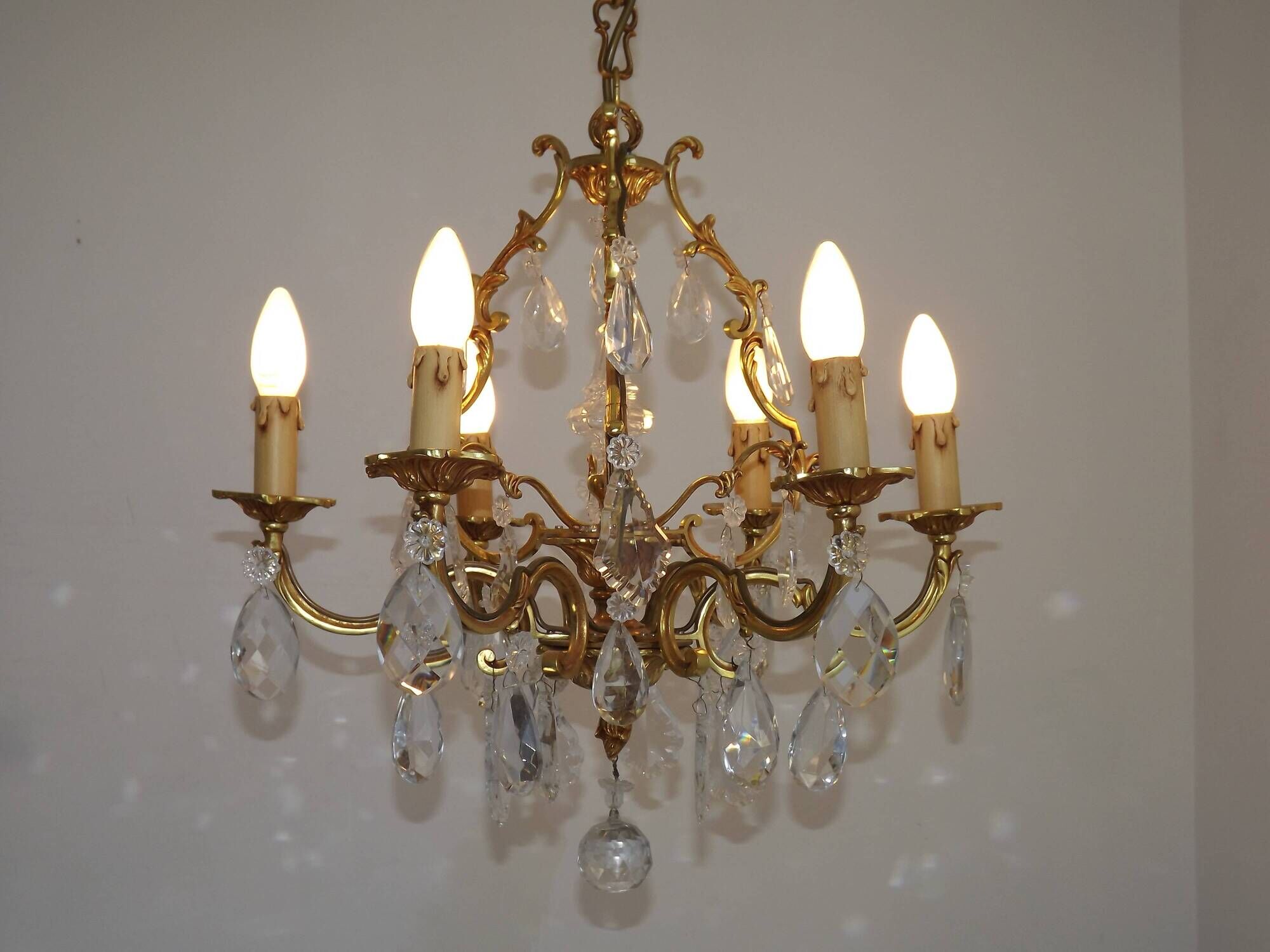 Mid Century Louis XV style cage chandelier - 6 arms - Brass and Crystal