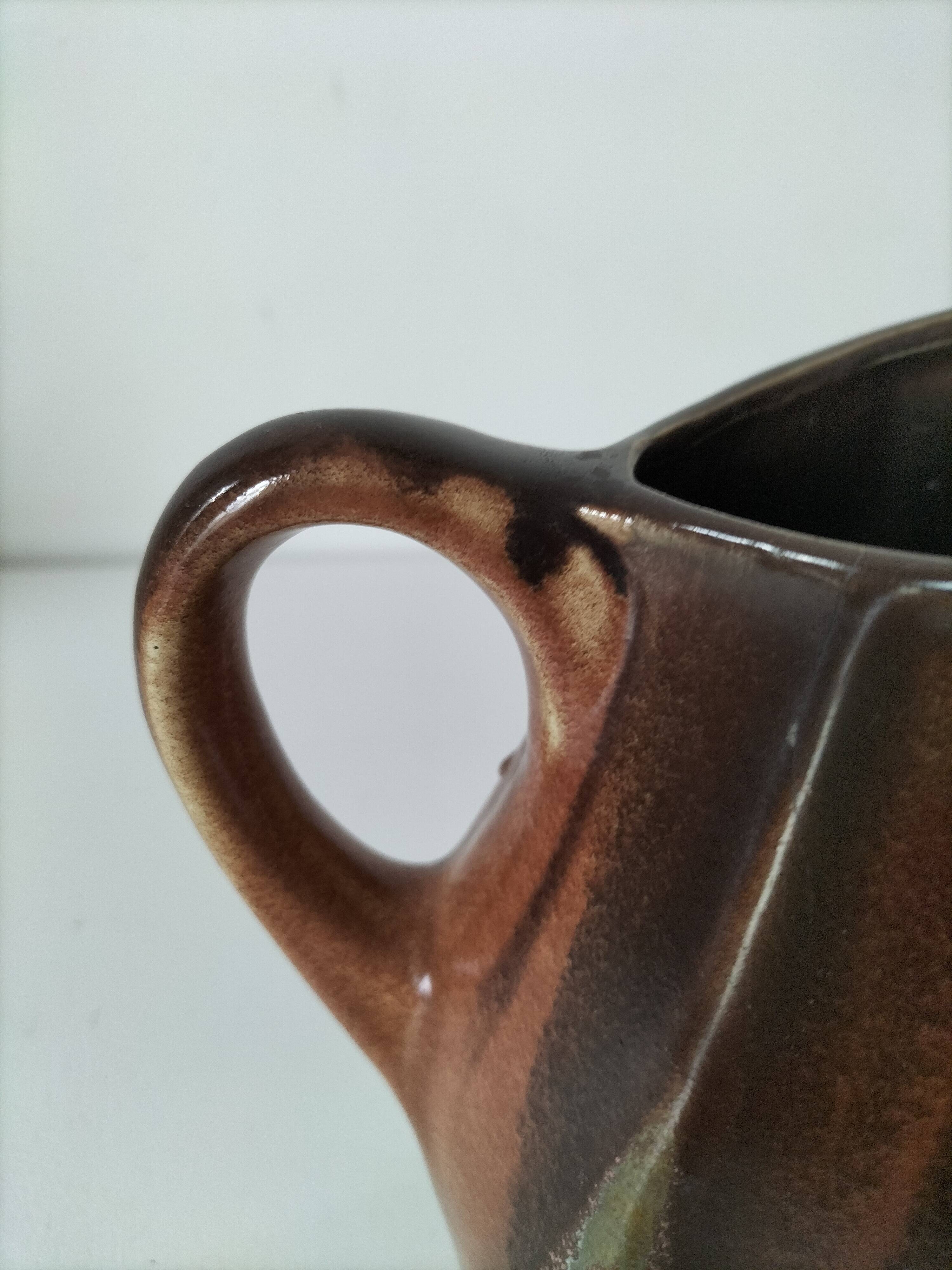 Vintage Belgian ceramic sculptural pitcher in chocolate brown.