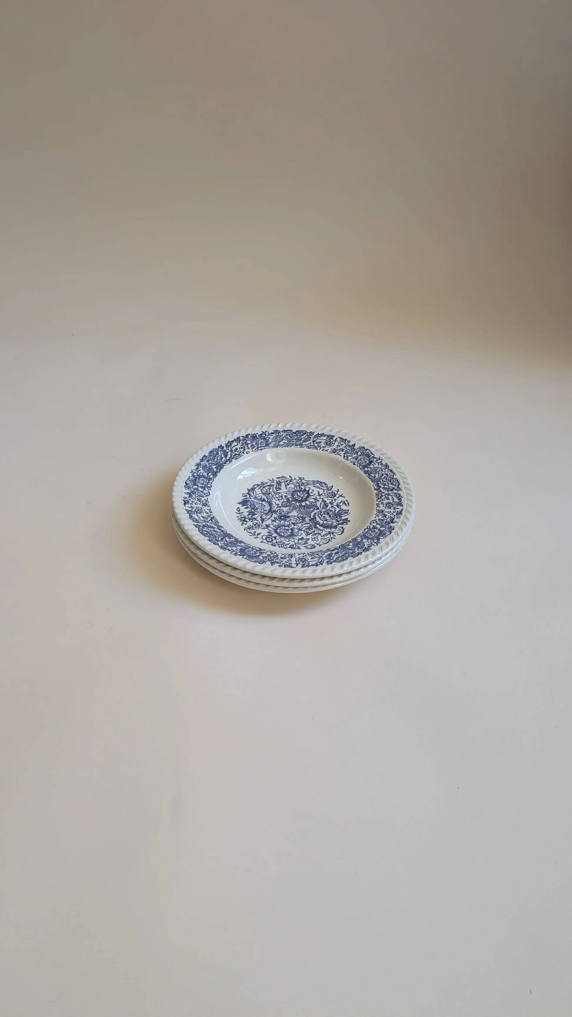 Set of 3 antique soup plates – blue floral decoration