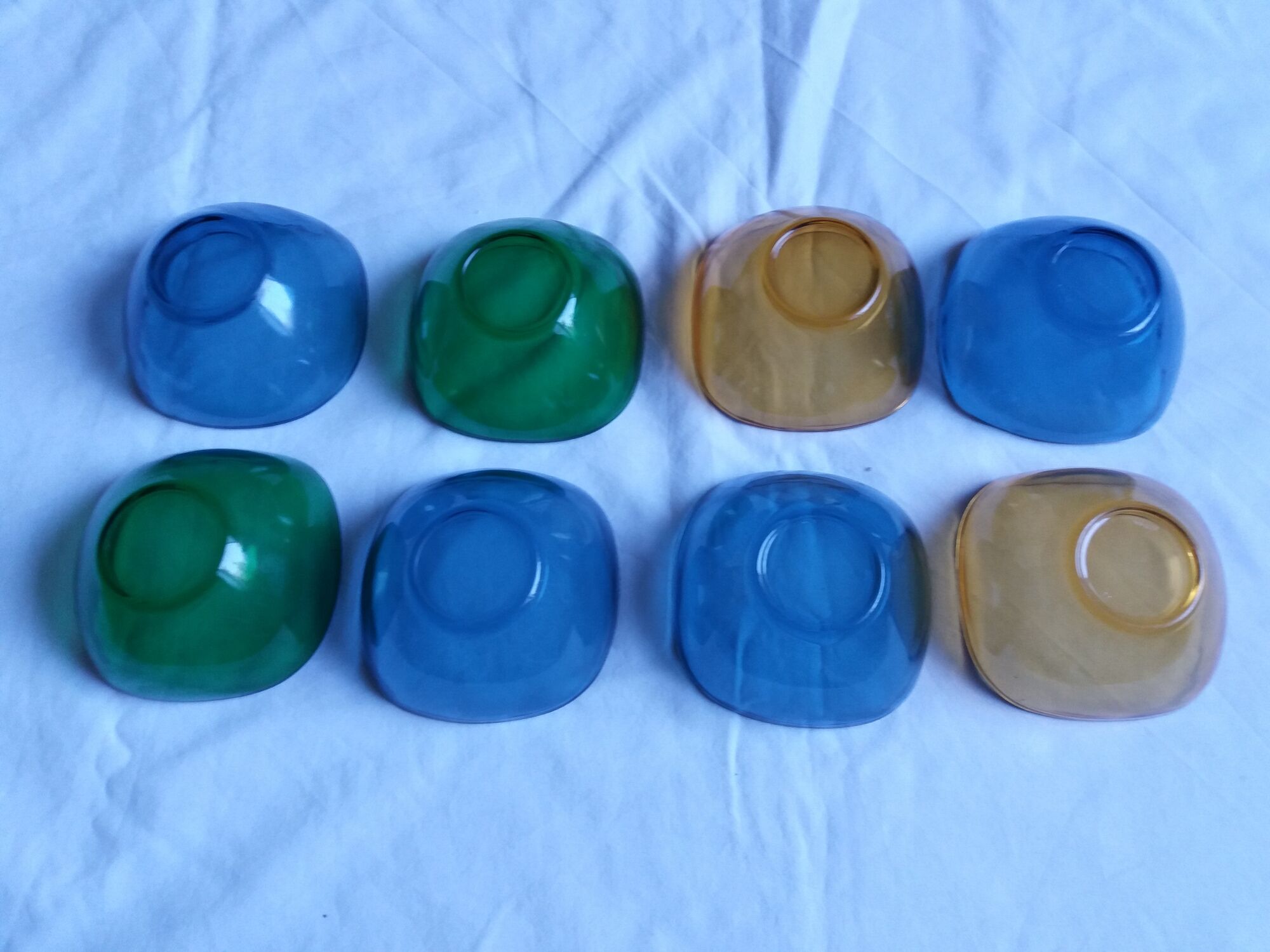 Vereco amber, blue and green glass cups set of 8
