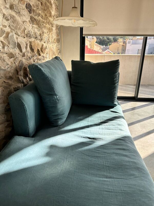 Méridienne Caravane – chaise longue en lin bleu canard