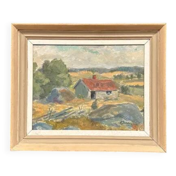 Original Swedish Oil on Hardboard – “Landscape” by E. Johansson – Signed – Vintage & Framed – 45 × 37 cm (17.7" × 14.6")
