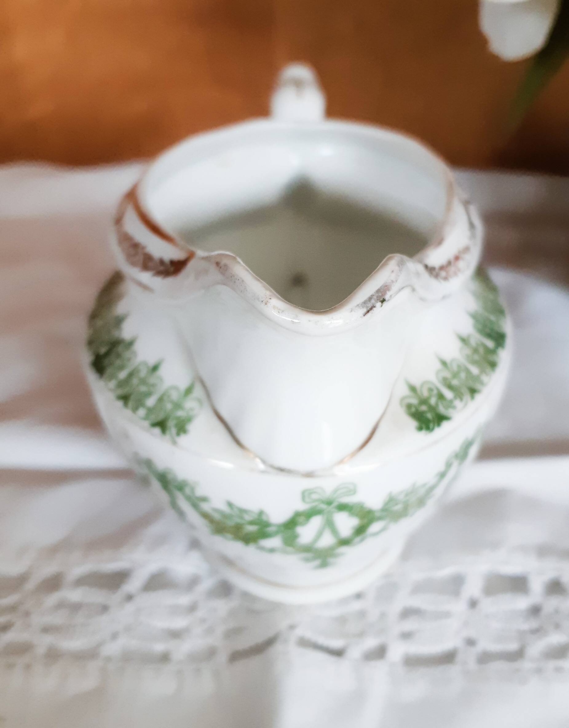 English porcelain tea set, green and gold, antique