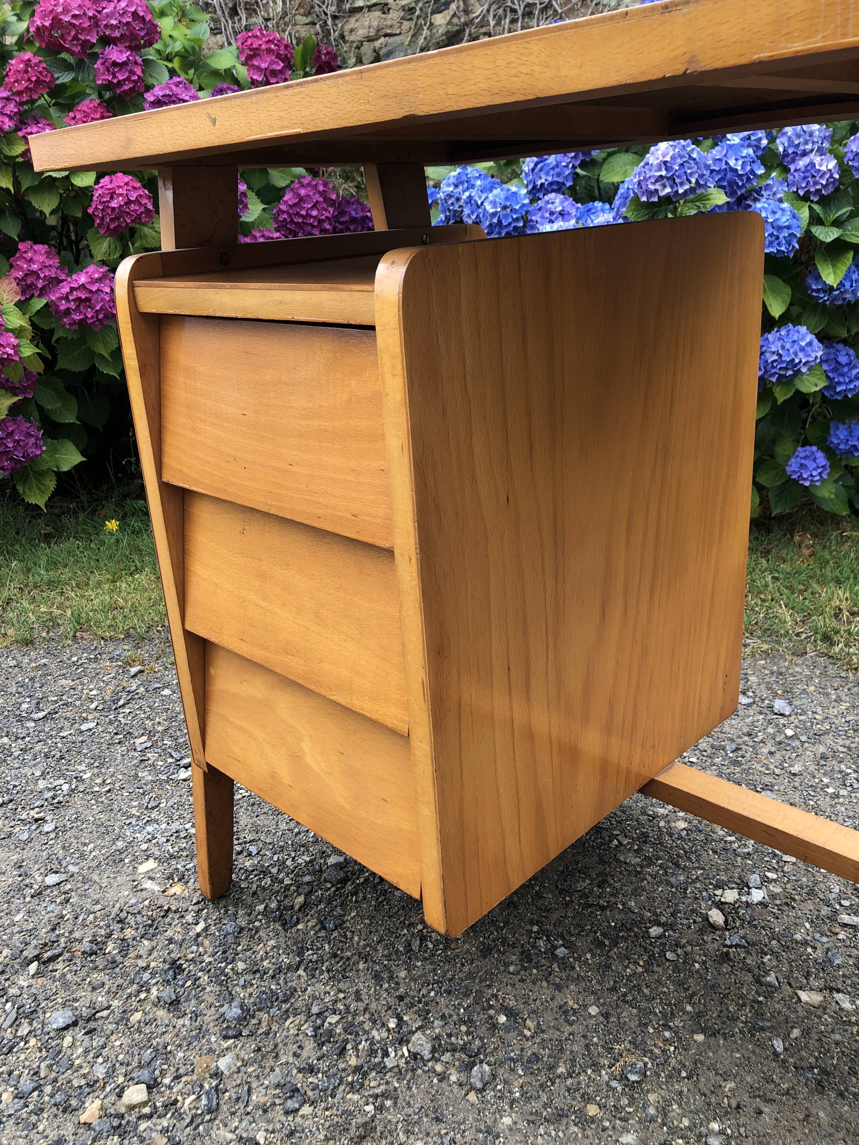 Vintage desk with beech compass legs with 3 drawers.