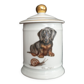 Sucrier ou boîte à bijoux en porcelaine d'art de limoges (France) motif chien
