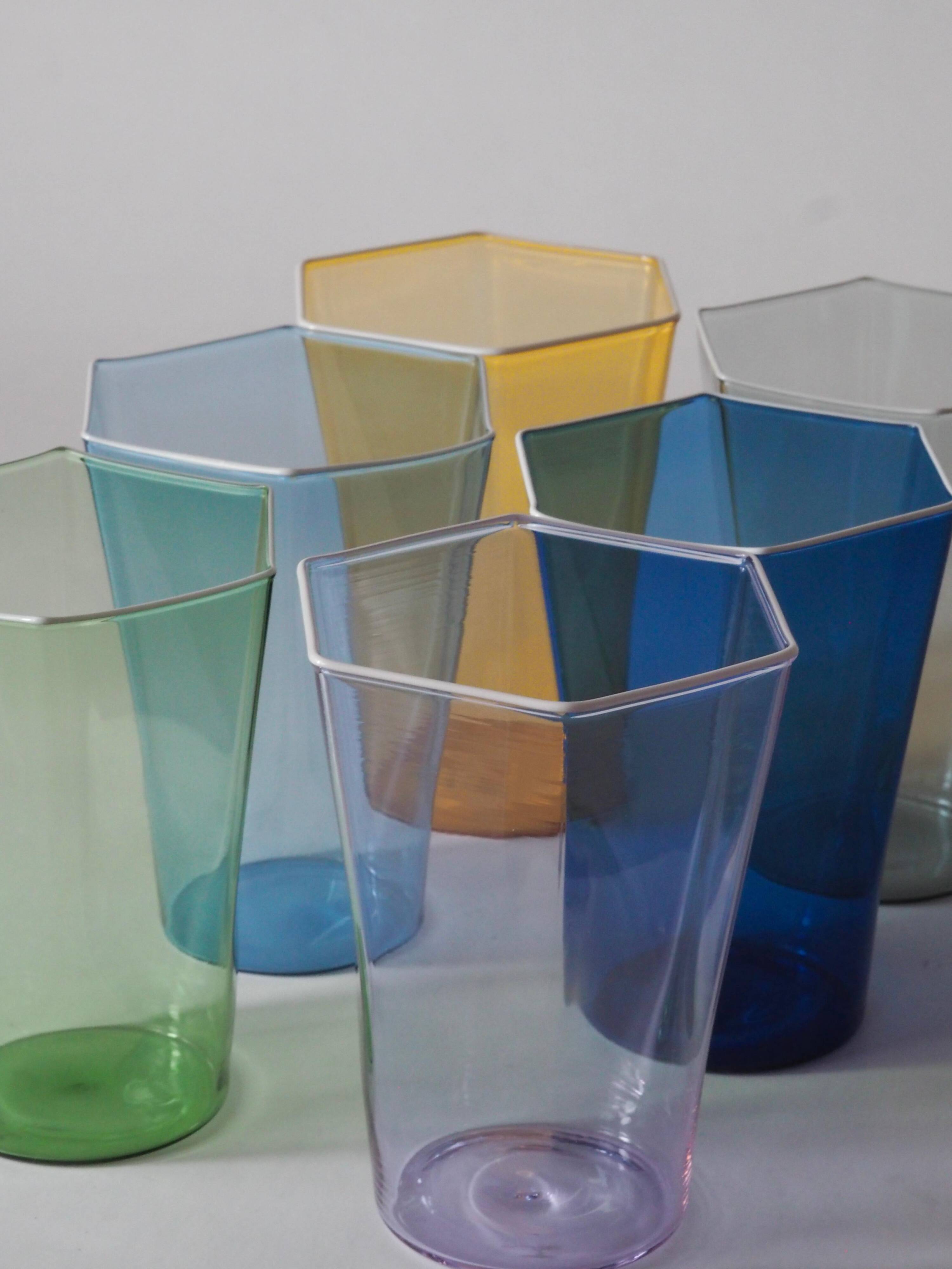 Set of six "Esagonali" glasses by Venini Murano, created by Carlo Scarpa.