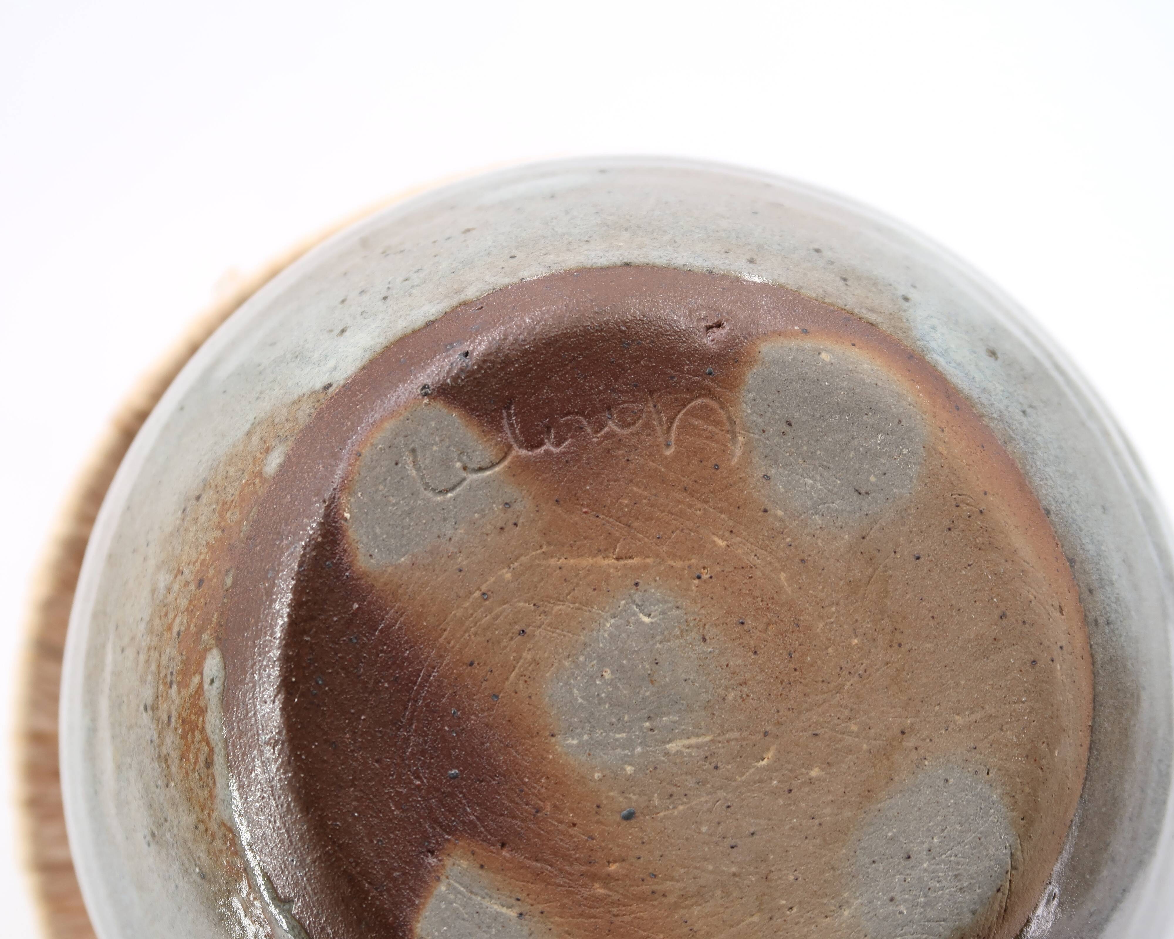 Grey-blue ceramic lamp, raffia lampshade, 1960s