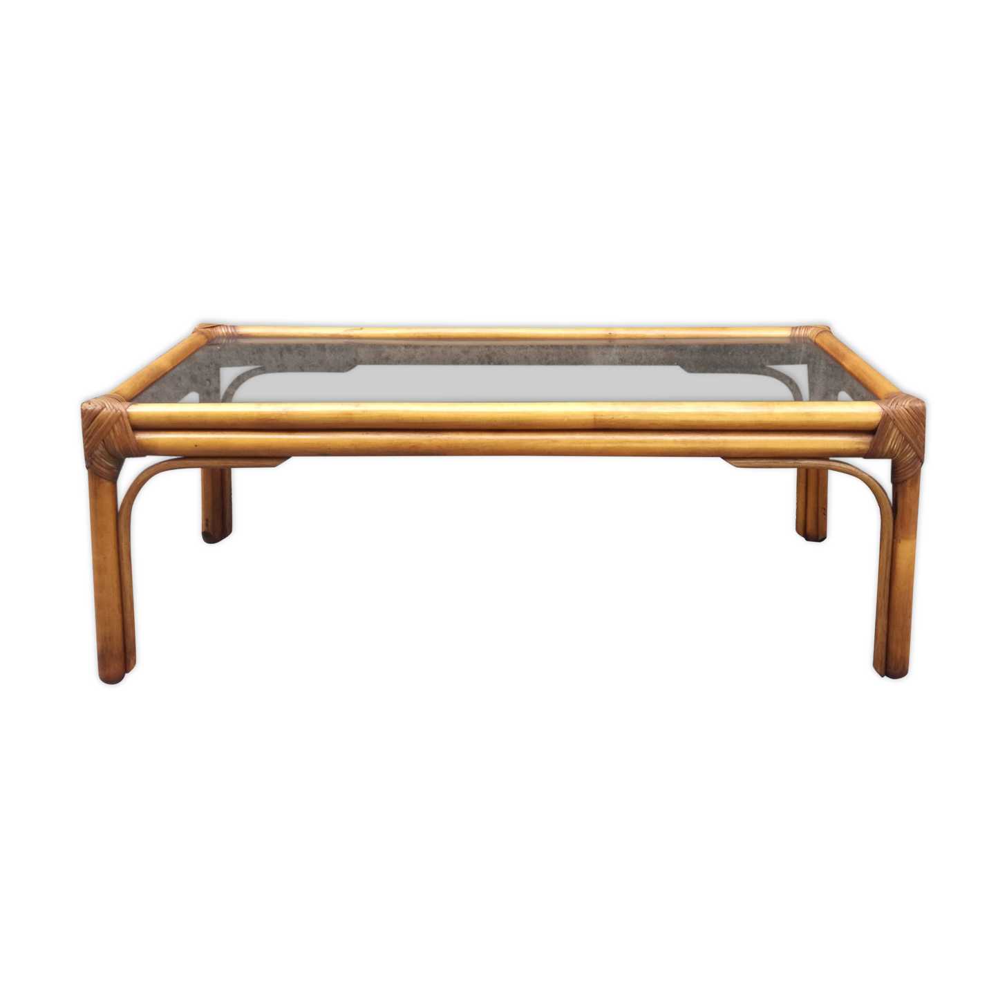 Rectangular coffee table in rattan and smoked glass 100x50