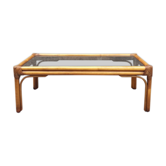 Rectangular coffee table in rattan and smoked glass 100x50