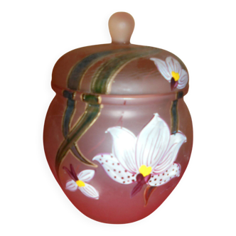 Powder box, blown glass, and enameled, signed pink