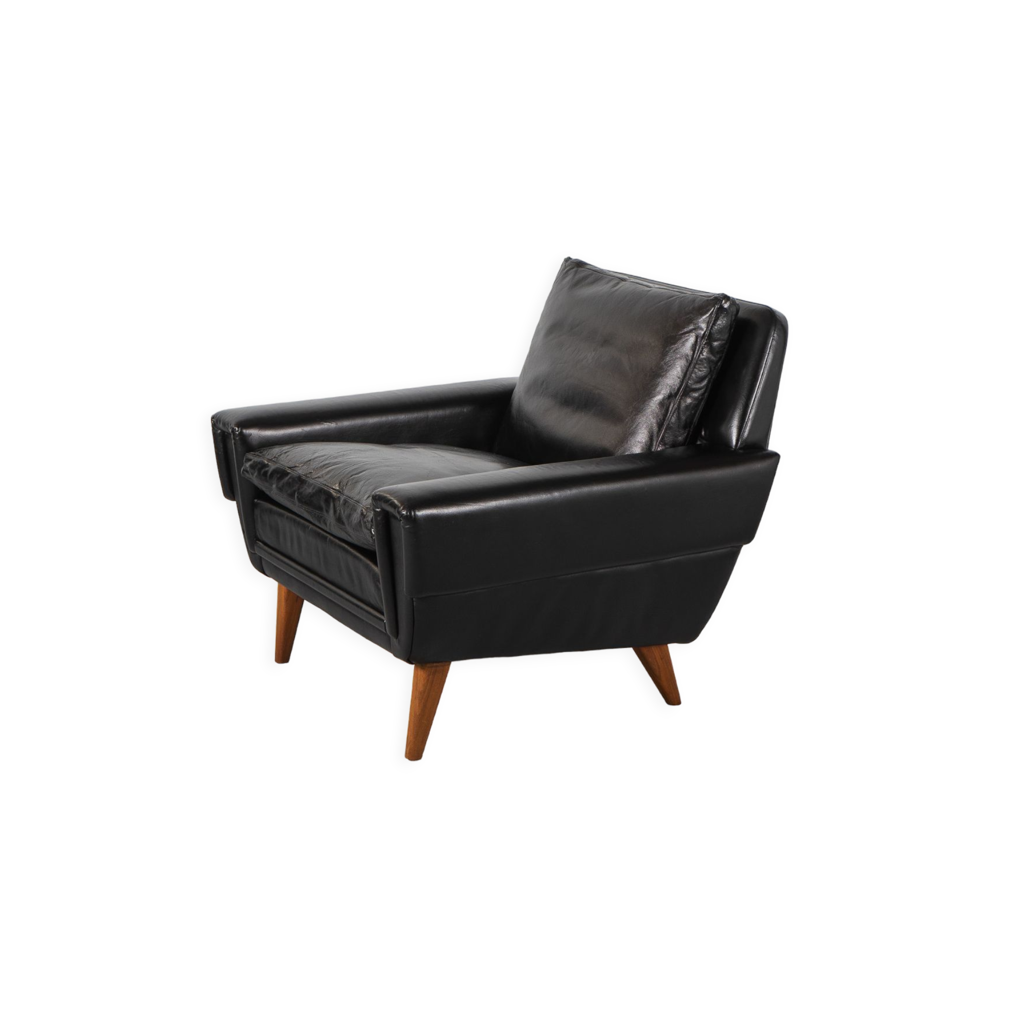 Mid Century Black Leather and Teak Scandinavian Armchair, Denmark, circa 1970
