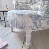 Fauteuil crapaud toile de Jouy bleu