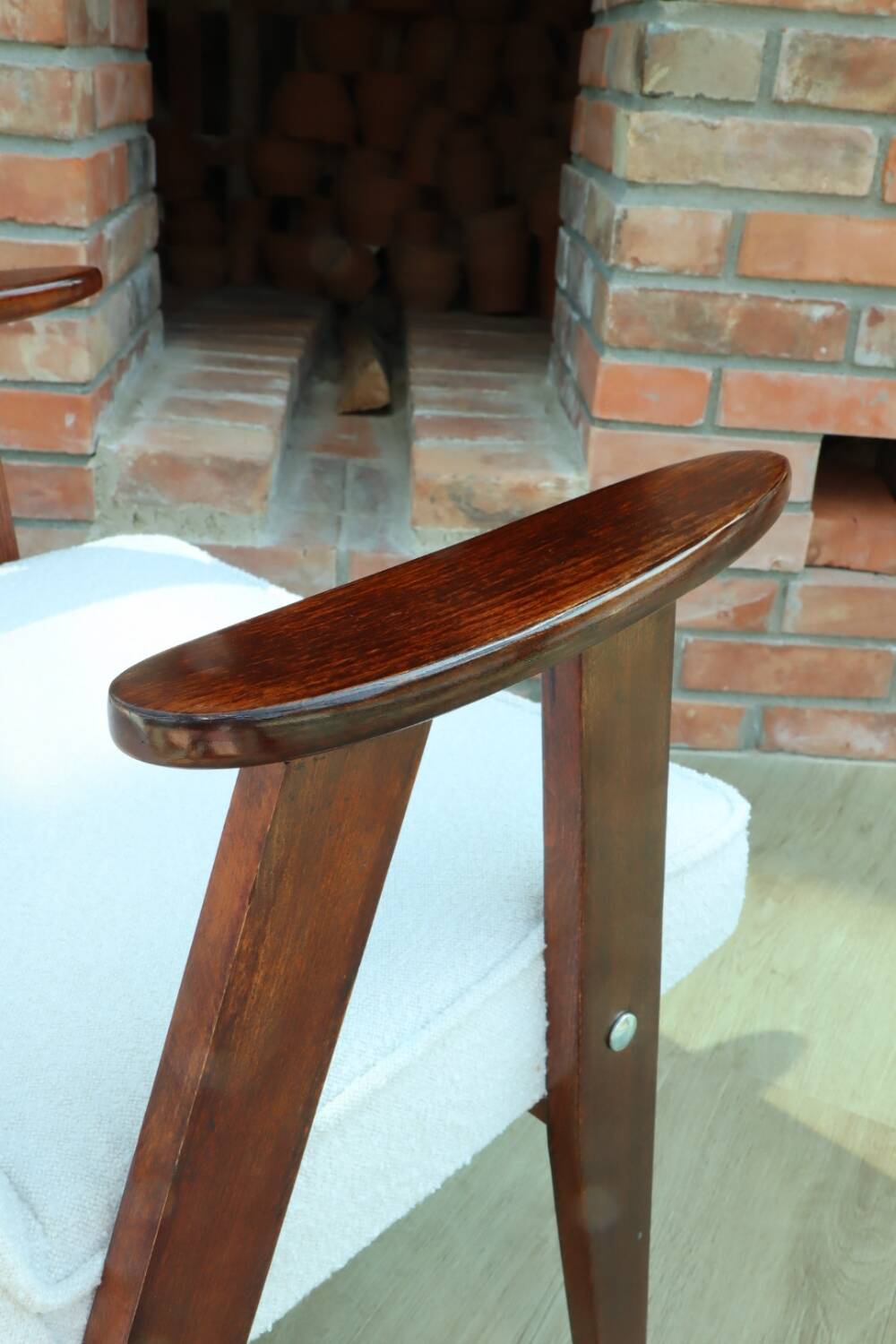 Scandinavian armchair snow white boucle dark walnut wood colour design by Chierowski 366 model