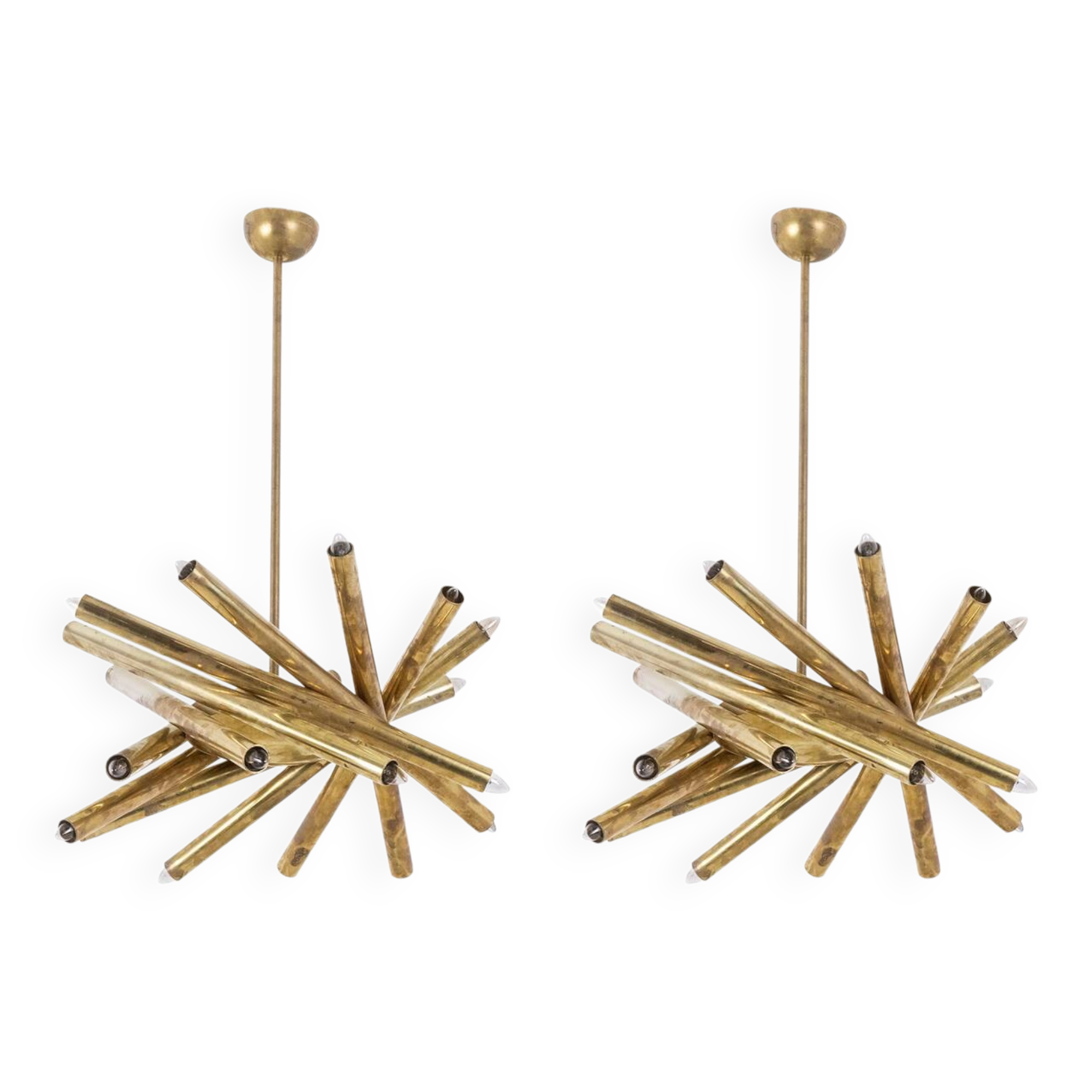 Pair of matte gold-plated brass chandeliers. Italian work from the 1970s.