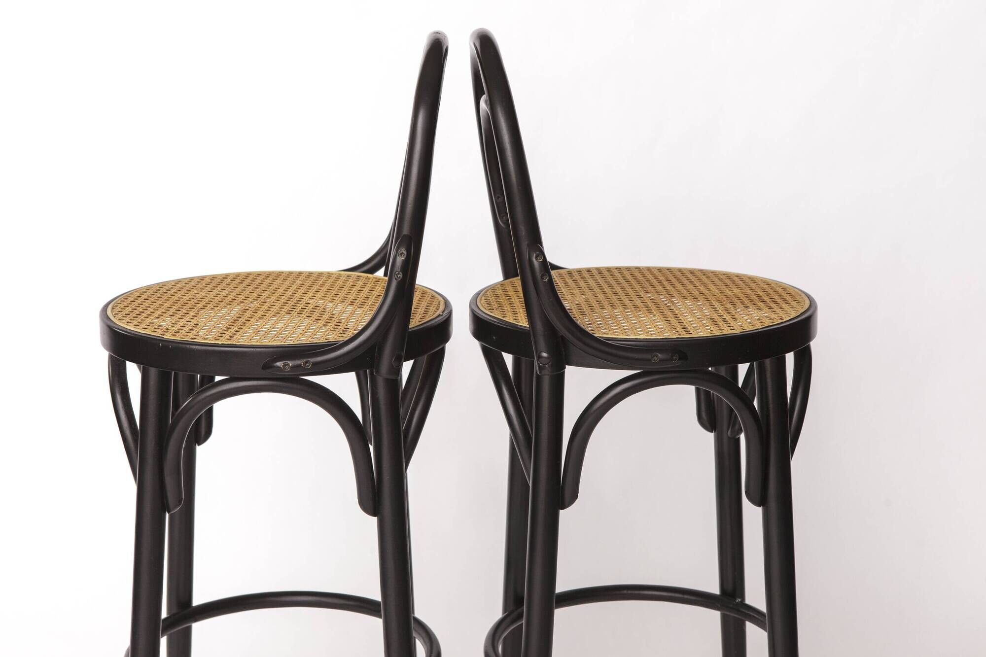Pair of Bentwood Bar Stools with Vienna Cane Seats – Thonet Style, Black