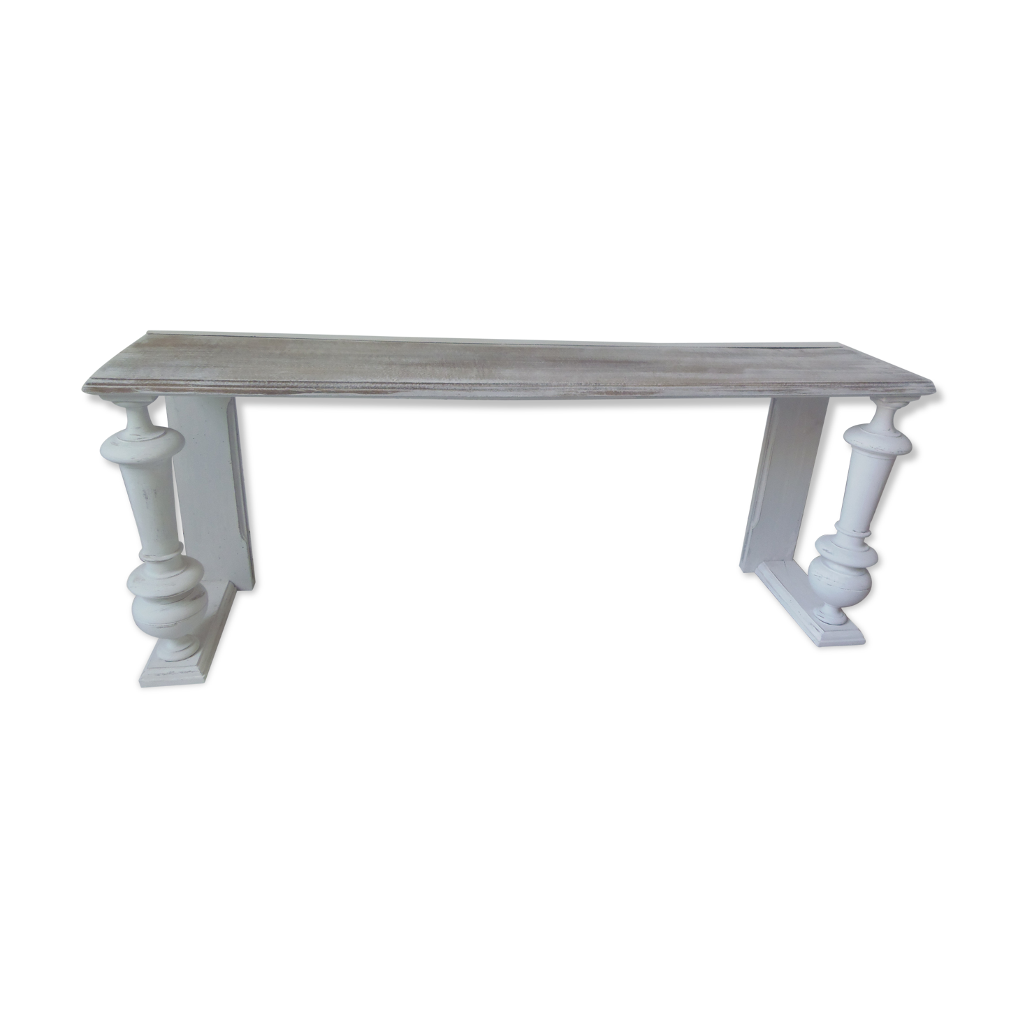 Bench, bed end on pearl grey patinated wheels, powder white, bleached wood seat