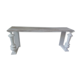 Bench, bed end on pearl grey patinated wheels, powder white, bleached wood seat