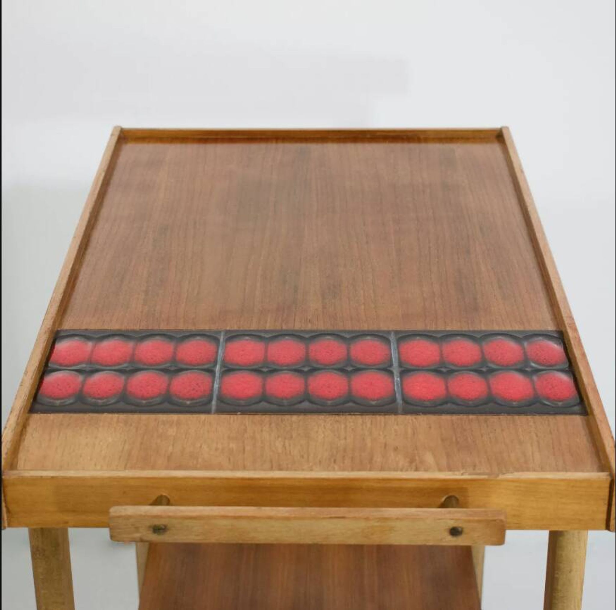 Vintage rolling bar or serving trolley, red ceramic, 1950s design