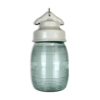 Industrial white porcelain pendant light with ribbed glass, 1970s