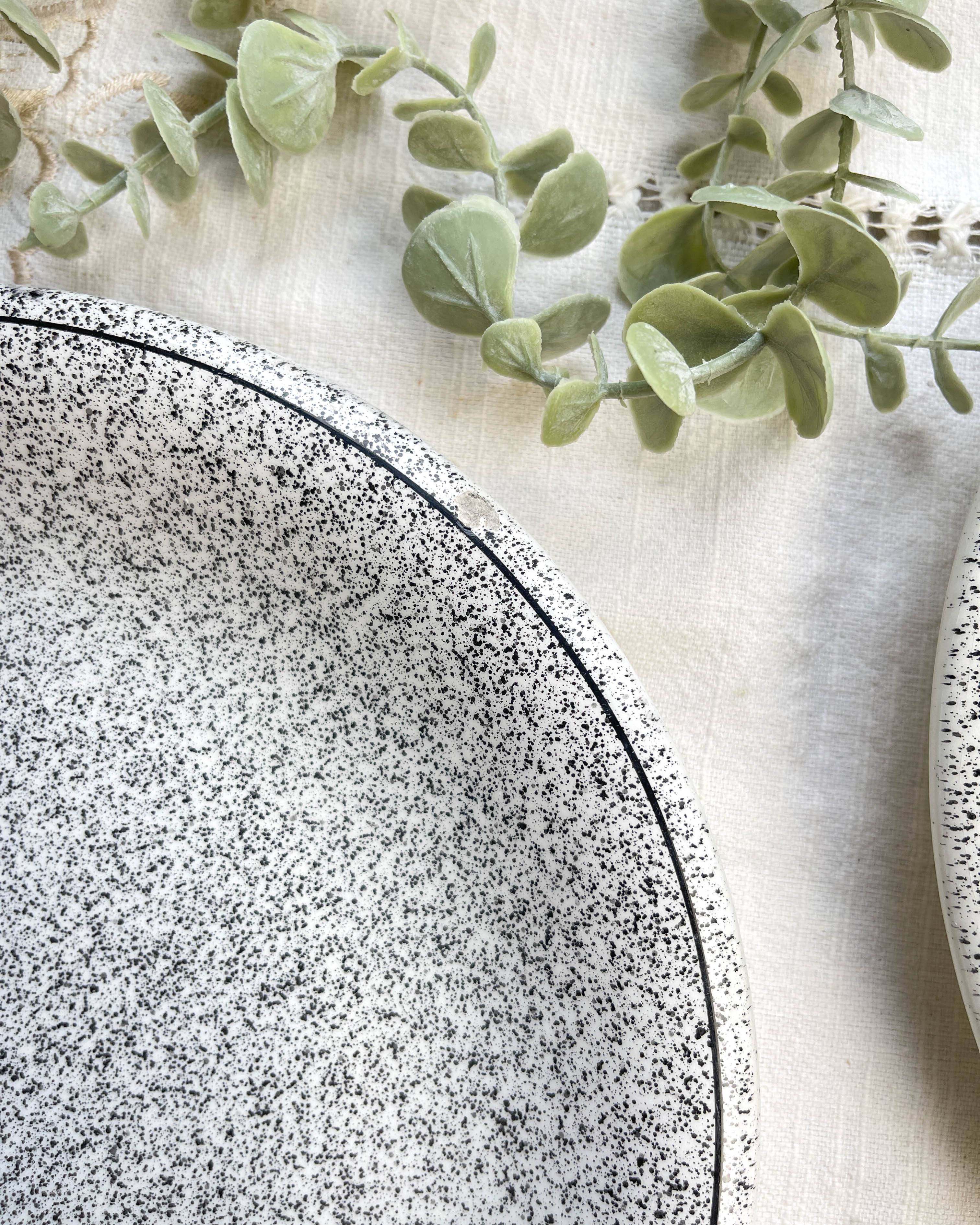 3 Black and white speckled Italian earthenware plates