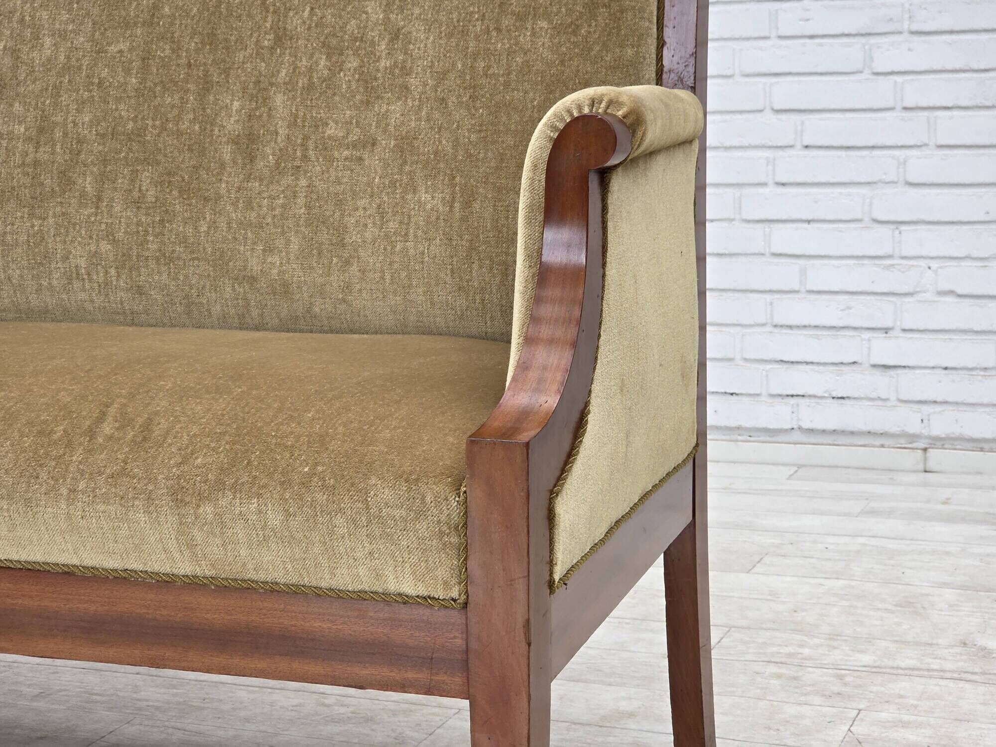 1950s, 2 seater Danish highback sofa, furniture velour, laqered teak wood.