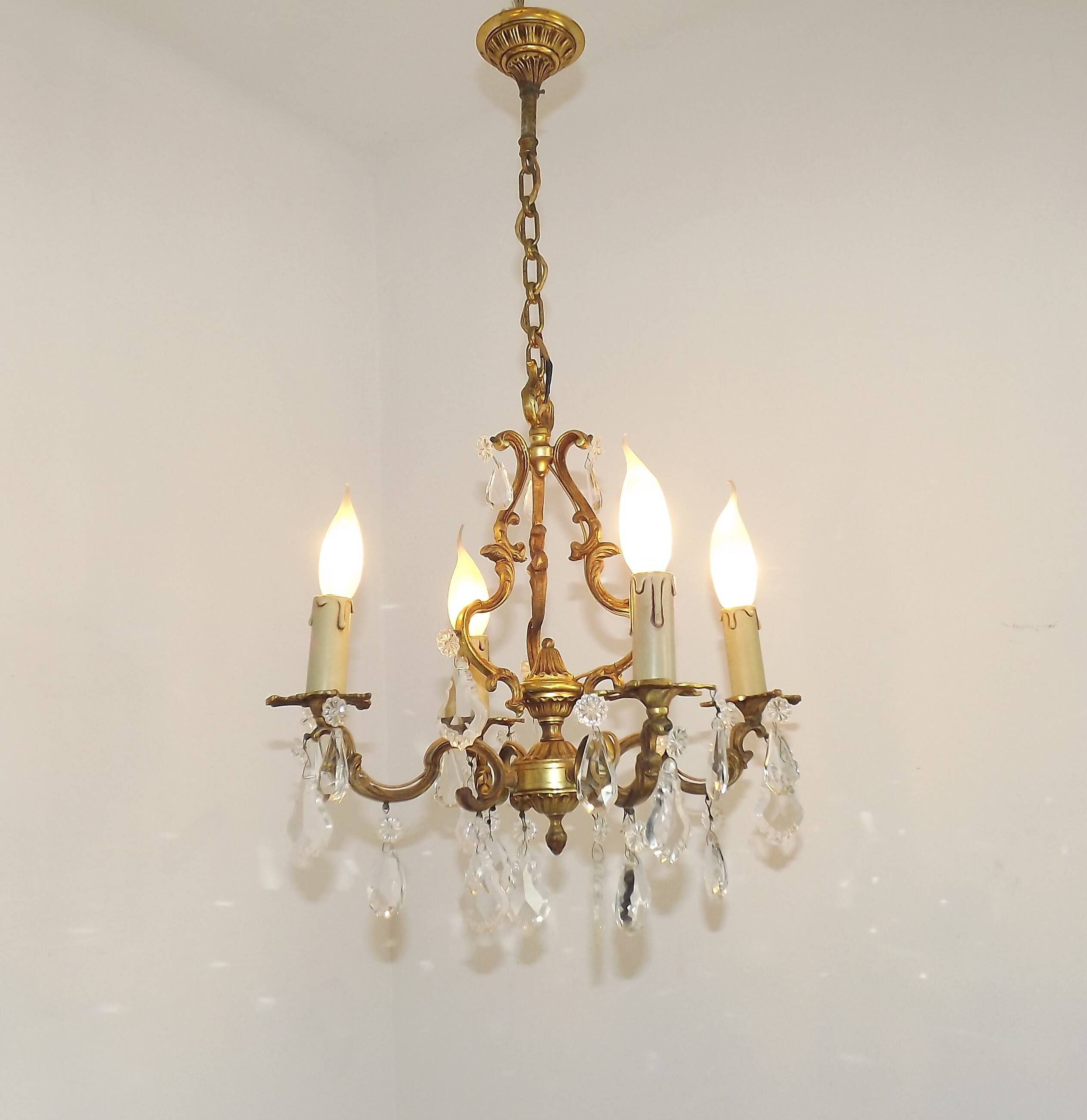French Antique Art Nouveau 4 Light 3 Side Brass Crystal Cage Chandelier