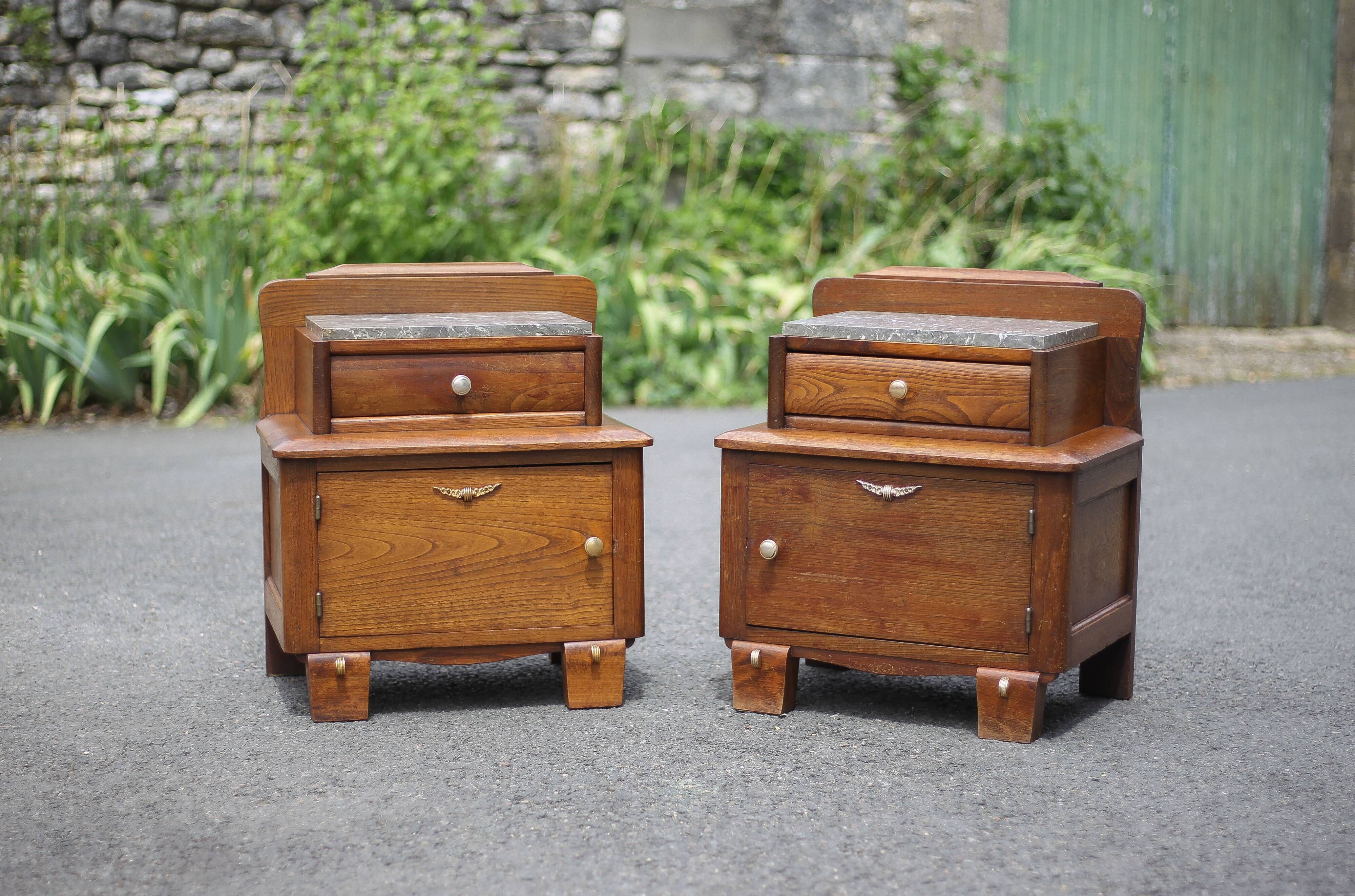 Pair of wooden nightstands, art deco style wooden bedside table, wood and marble table
