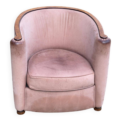 Fauteuil club art déco Daisy Simon en cuir beige et bois
